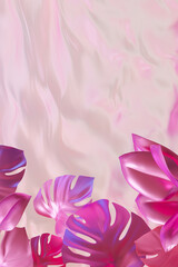 Surreal holographic background showcasing vibrant tropical leaves against a soft, undulating pink backdrop, perfect for text placement. Color gradient, y2k style, 2000s. Iridescent surface. 3D render.