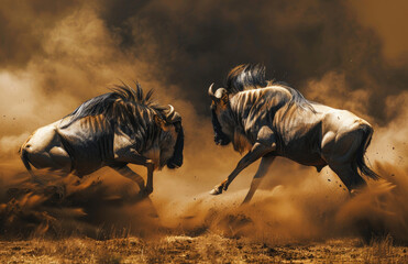 two wildebeest fighting in the African savannah, showcasing their strength and agility against each...