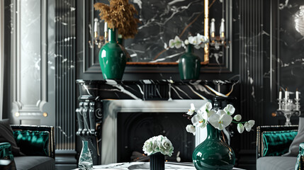 Fototapeta premium a glamorous black and white marble fireplace adorned with emerald green vases as bold accents