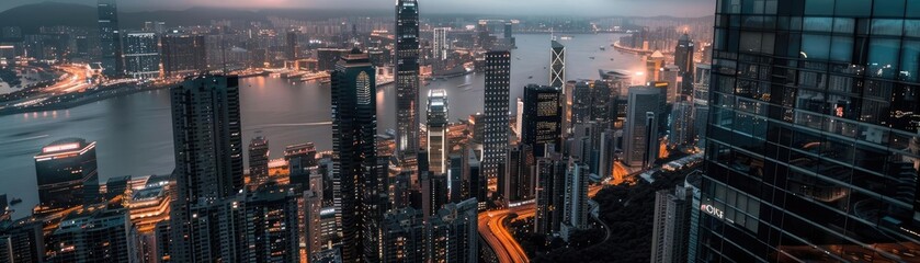 Stunning aerial view of a city skyline at dusk, featuring illuminated skyscrapers, bustling city streets, and a serene waterfront.