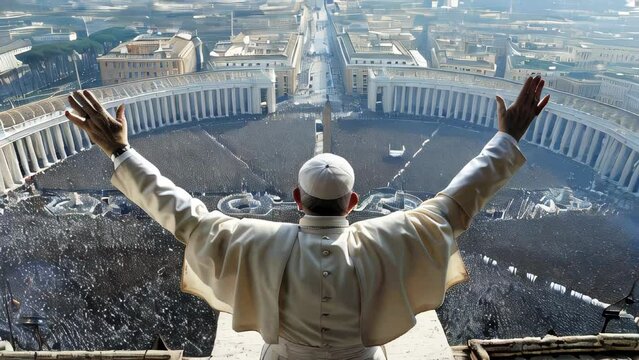 The pope blessing people with his hands raised