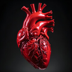 A bright red anatomical human heart, depicted with a glossy, almost metallic texture.