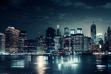 Obraz premium City Skyline at Night: Aerial View of Illuminated Skyscrapers