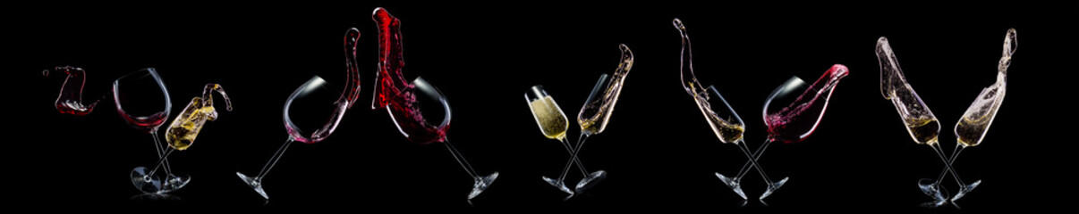 Set of red wine and champagne glasses on isolated on a black background