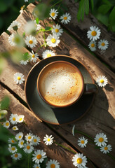 A cup of coffee with milk on an old wooden table, surrounded by white flowers and green grass in the garden