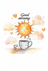 Cute cartoon drawing of sun and heart on top with coffee cup below, "Good morning" written in lettering above illustration, in clip art style with simple drawings