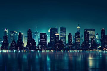 Fototapeta premium City Skyline at Night: Aerial View of Illuminated Skyscrapers