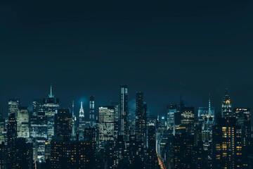 Obraz premium City Skyline at Night: Aerial View of Illuminated Skyscrapers