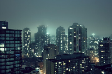 Obraz premium City Skyline at Night: Aerial View of Illuminated Skyscrapers