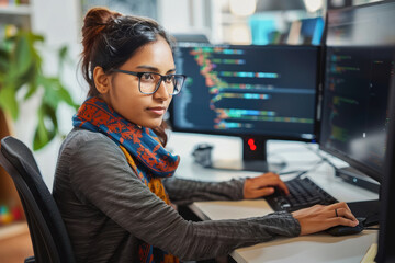 Indian woman programmer writing code on a computer
