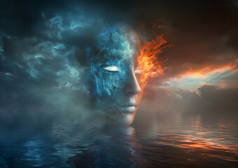 A face of ice and fire, half is ice with blue hues, while the other side is flame, set against an ethereal background with dark clouds and water reflections.