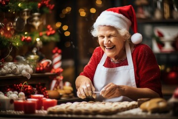 A happy albino woman wears a Santa hat while preparing a delicious holiday feast in the kitchen