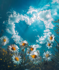 A heart-shaped cloud in the blue sky, surrounded by white daisies and green grass