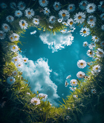 A heart-shaped cloud in the blue sky, surrounded by white daisies and green grass