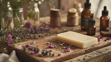 A beautifully arranged display of natural products on a wooden tray, featuring a bar of pure white organic soap surrounded by fresh lavender sprigs, dried rose petals, and small glass bottles of