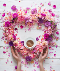 A heart-shaped wreath made of delicate pink and purple flowers, with petals scattered around it.