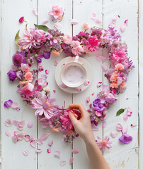 A heart-shaped wreath made of delicate pink and purple flowers, with petals scattered around it.