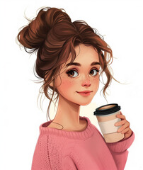 cartoon girl with brown hair in bun, pink sweater drinking coffee