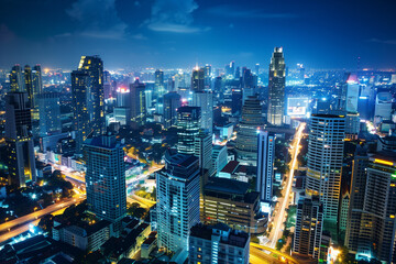 Obraz premium City Skyline at Night: Aerial View of Illuminated Skyscrapers