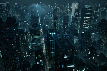 Obraz premium City Skyline at Night: Aerial View of Illuminated Skyscrapers