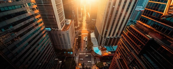 Aerial view of a modern city street with skyscrapers as the sun sets, casting a warm glow over the urban landscape.