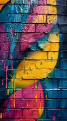 Colorful graffiti on a dark brick wall background. Vibrant multicolored neon paint dripping down...