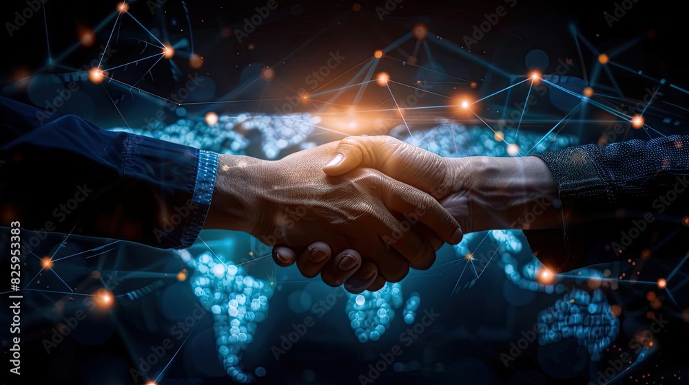 Poster Business handshake in a digital world, symbolizing global connection and collaboration over a futuristic map background with network lines.