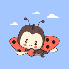 Flying ladybug with heart. Cute cartoon insect kawaii character. Vector illustration