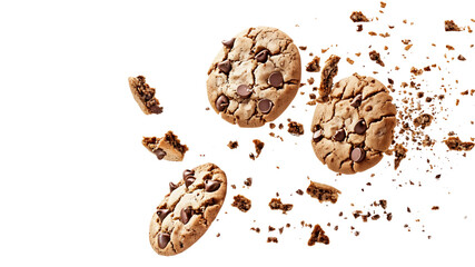 Flying Chocolate Chip Cookies with Crumbs, chocolate chip cookies png, chocolate chip png