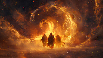 Shadrach, Meshach, and Abednego in the fiery furnace, depicted within a swirling nebula, highlighting their faith amidst trials, with copy space