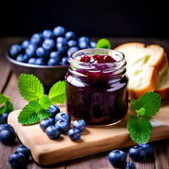 homemade leaves piece of bread with butter and blueberry jam and jar black baground,