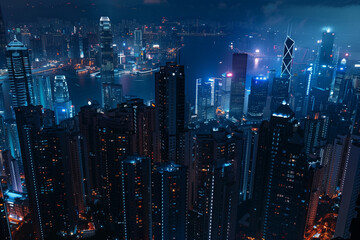 Fototapeta premium City Skyline at Night: Aerial View of Illuminated Skyscrapers