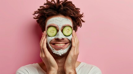 A man is shown with cucumber slices on his face, possibly enjoying a DIY skincare routine or spa treatment