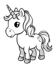 Cute and cheerful unicorn. Coloring book page.