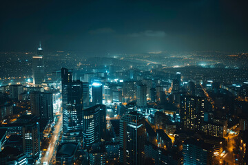 City Skyline at Night: Aerial View of Illuminated Skyscrapers
