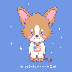Cute dog chihuahua in t-shirt with American flag. American Independence Day card. Funny cartoon kawaii animal character. Vector illustration. Kids collection