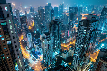 City Skyline at Night: Aerial View of Illuminated Skyscrapers