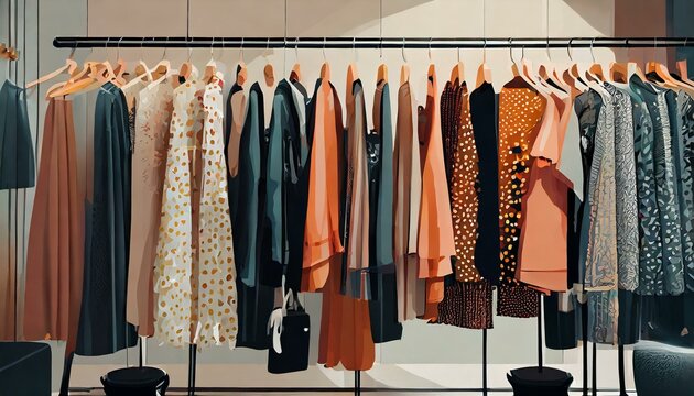 fancy clothes on a clothing rack in a fashion store; vector look
