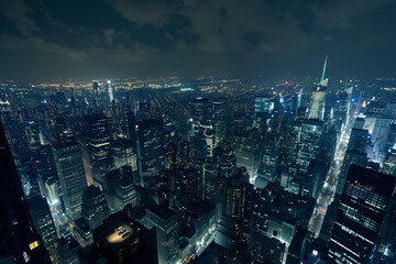 Obraz premium City Skyline at Night: Aerial View of Illuminated Skyscrapers