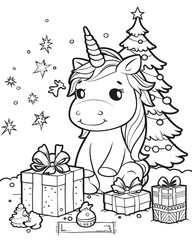 Naklejka premium Cute and cheerful unicorn under Christmas tree with gifts. Coloring book page.