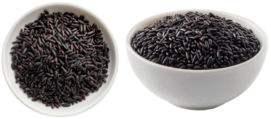 Black rice in a white bowl, top and front view, food collection isolated on a transparent background