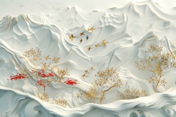 A white mountain range with a red tree and a flock of birds flying in the sky