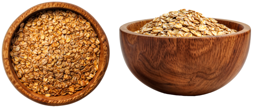 Oats grains in a wooden bowl collection, side and top view, isoalted on a white backgound