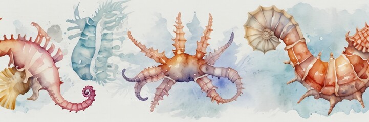 seahorse crabs background hand drawing shells watercolor isolated starfish pearl crab shell sea seashell beach collection white nature marin mollusc set ocean animal group star snail summer clam