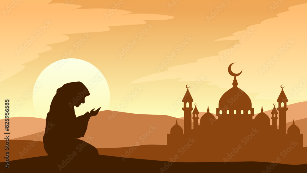 Wall mural landscape illustration of muslim praying with mosque silhouette