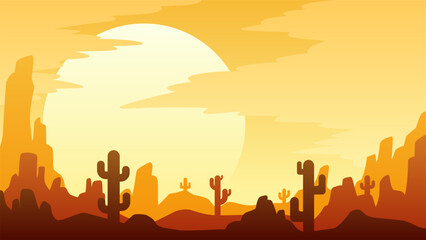 Landscape illustration of wild west desert with sunset sky