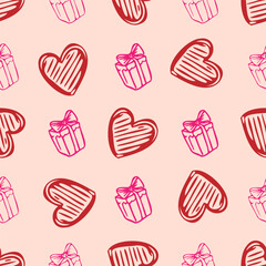 A pattern of hearts and boxes with a pink background