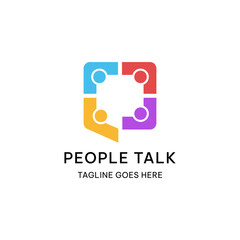 People talk logo concept. Diverse people and square bubble chat vector illustration