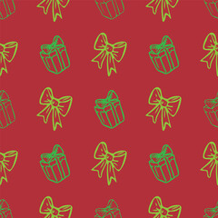 A red and green pattern of bows and boxes with a Christmas theme