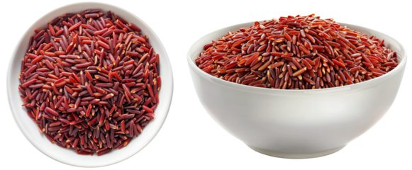 Red rice in a white bowl bundle, side and top view, isolated on a transparent background
